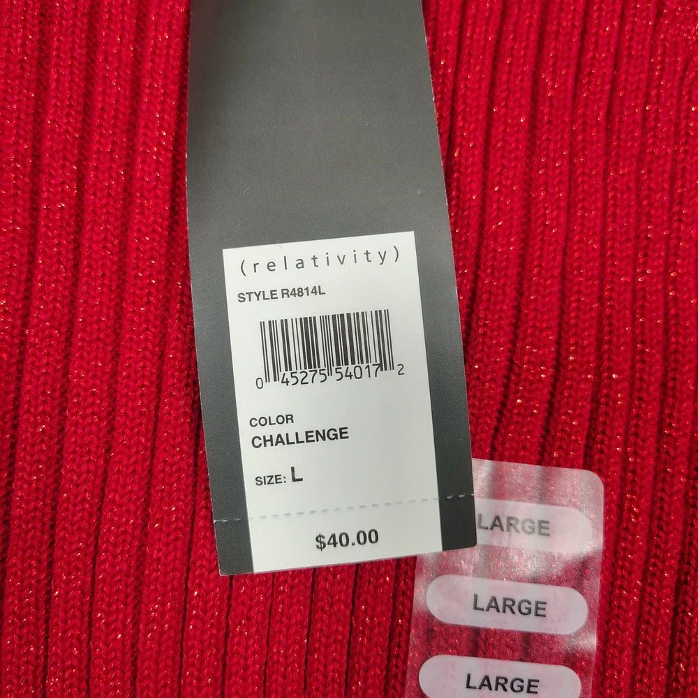 Relativity Sweater Women L‎ Red Mock Neck Metallic Ribbed Knit Cotton R4814L